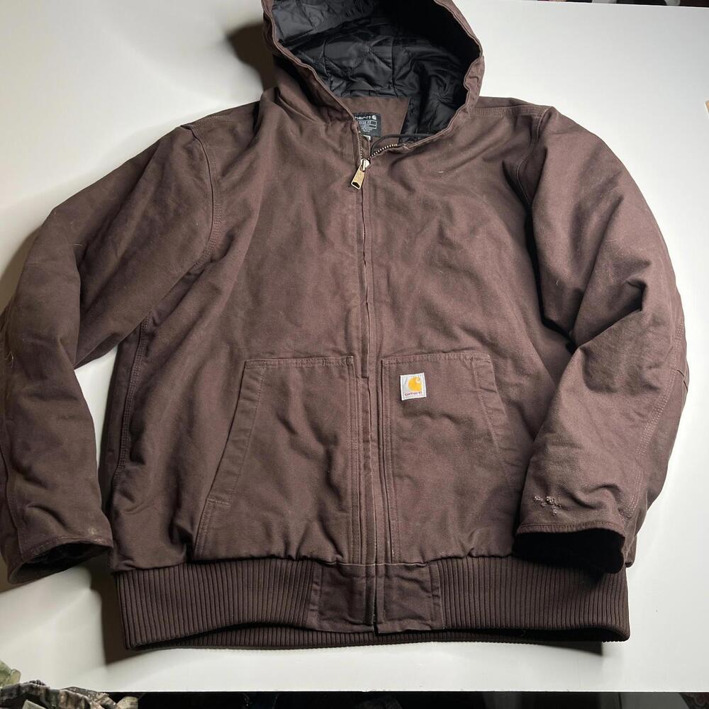 Carhartt J130-M Brown Duck Hooded Jacket XL Loose Fit Thinsulate Lined Workwear